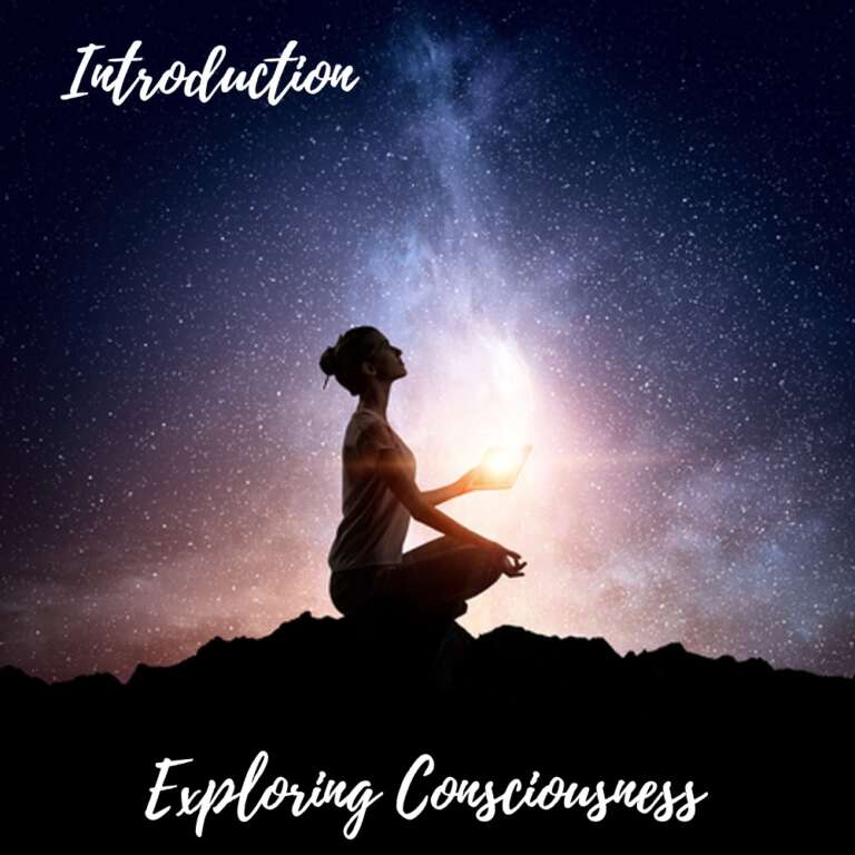 Woman meditating under starry sky, exploring consciousness.