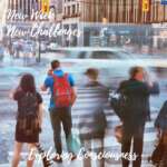 City street scene with pedestrians crossing, motion blur.