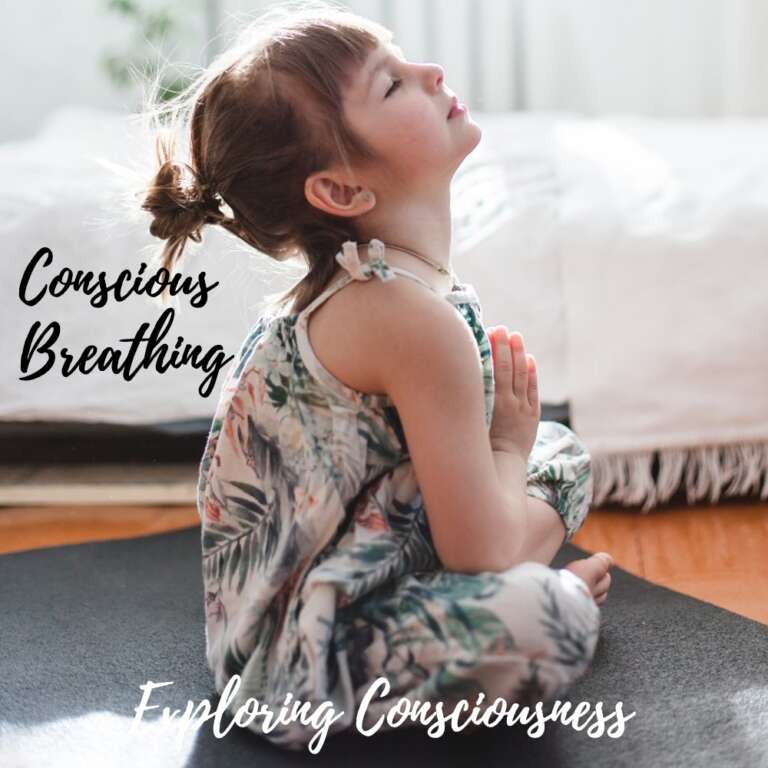 Girl meditating, eyes closed, hands in prayer position.