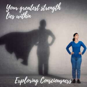 Woman with superhero shadow: Exploring consciousness