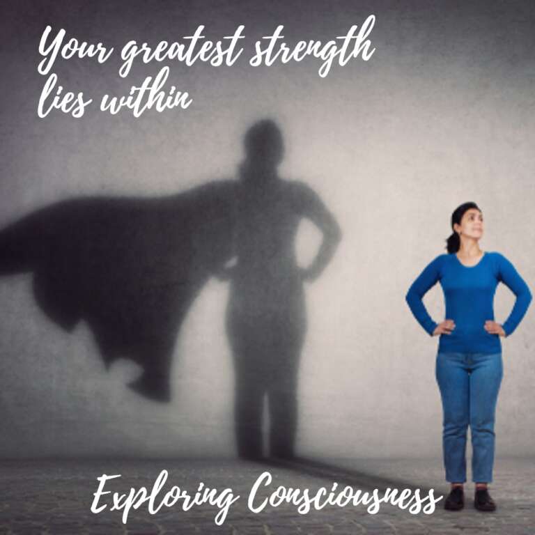 Woman with superhero shadow: Exploring consciousness