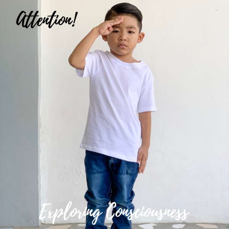 Boy in white tee saluting.